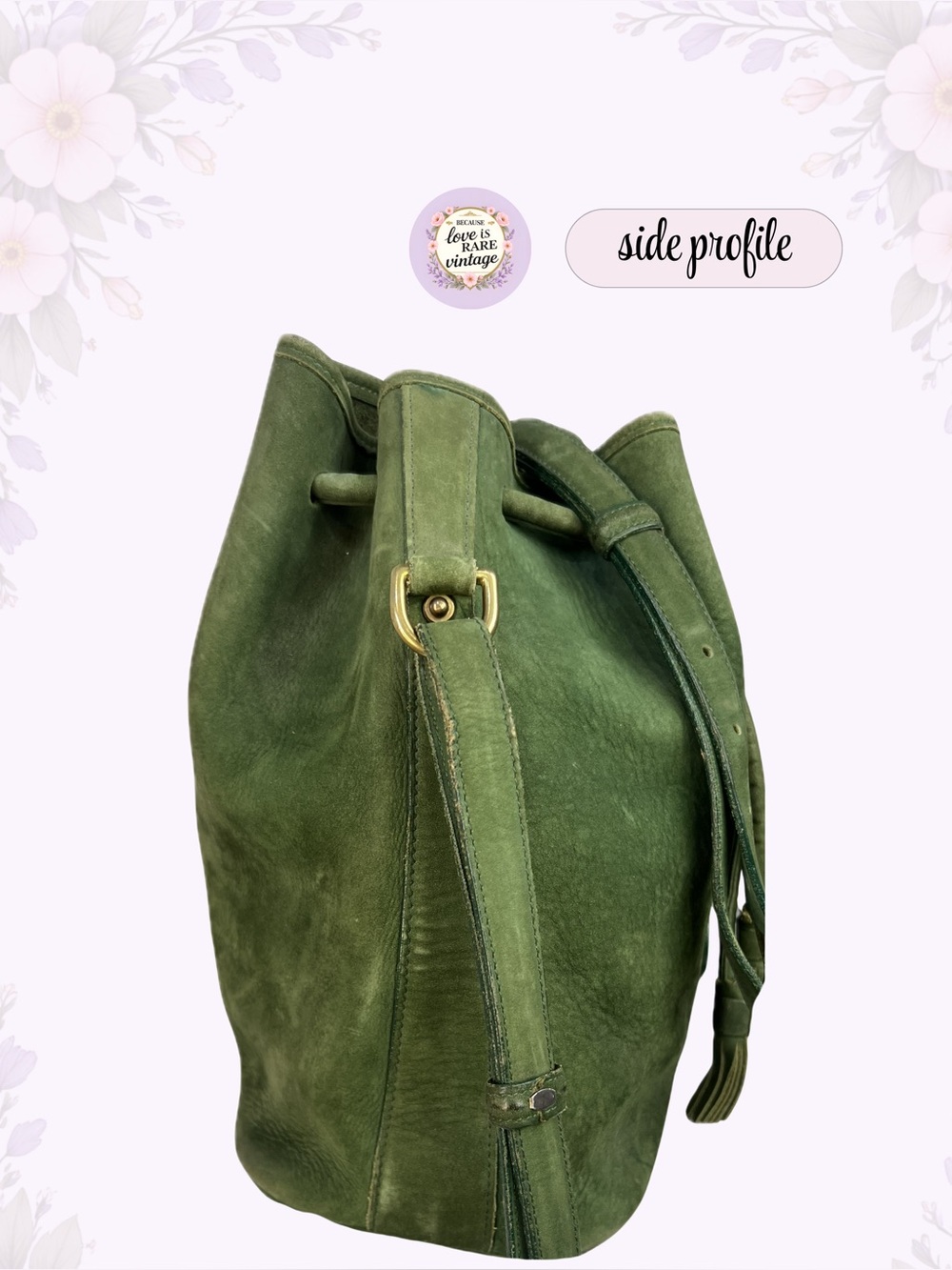 Vintage Dooney & Bourke Leather Bucket Bag • 1990s Green Suede Drawstring Purse - Picture 7 of 14